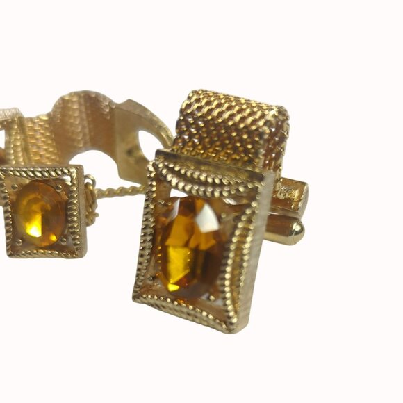 Vintage Swank Gold Tone Mesh Citrine Topaz Glass Cufflinks With Tack Tie - Picture 3 of 4
